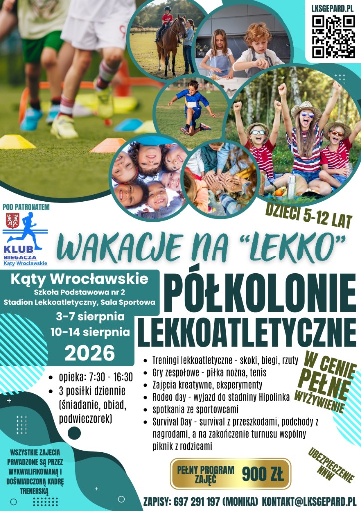 Plakat półkolonii lekkoatletycznej Wakacje na lekko - LKS Gepard, terminy, program i kontakt